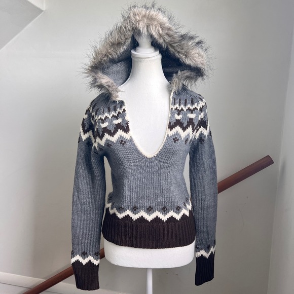 Energie Sweaters - Vintage 90s Energie‎ Fair Isle Faux Fur Hooded Sweater Grey Y2K Gorpcore Preppy
